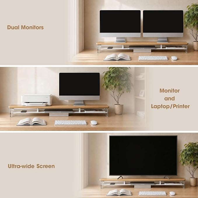 Fenge 42.5" Dual Monitor Stand with Clear Acrylic Legs, Dark Oak | Clear acrylic, storage compartment, 2-tier home office monitor riser, wide large desktop shelf fit monitor/laptop/printer