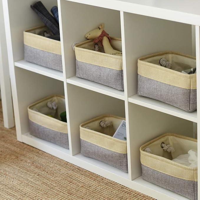 Fabric Storage Baskets for Organizing(6 Pack) Small Baskets for Shelves,storage, Laundry, Nursery, Closets, Decorative Baskets for Gifts Empty (Grey & gold, 11.8” x 7.8” x 5.1”)