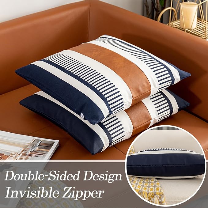 Decorative Accent Pillow Covers 20x20 Boho Couch Pillow Case Set of 2 Modern Farmhouse Stripe Cushion Cover for Sofa Bed Living Room, Navy Blue