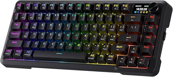 Redragon K724 PRO Wireless 81-Key Gasket Gaming Keyboard with Screen & Knob | Easy-Control LED Info Display, 0-Delay Tri-Mode, Cushioned 5-Layer Noise Dampening for Creamy Thocky Sound, Compact 80% Size