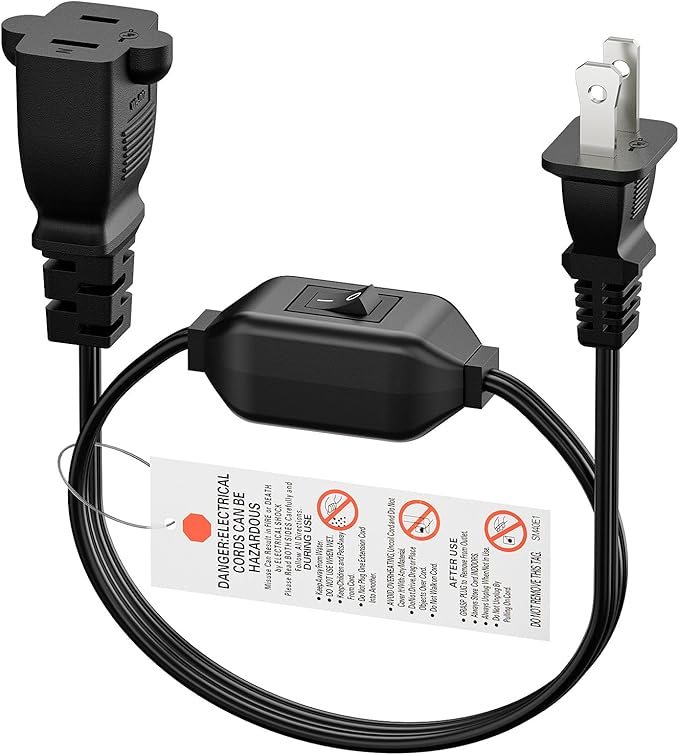 On Off Switch Extension Cord [2-Feet], 2-Prong Polarized Extension Cord with Switch 12A/125V for Your Chargers/Lamp/Power Adapters etc, 16AWG Cord