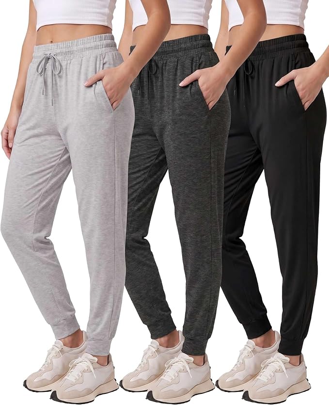 3 Pack Women's Lounge Joggers Sweatpant Active Athletic Yoga Workout Pocket | Available in Plus Size, Ladies Casual, Drawstring Gym Pants, Sleep Bottoms, Hiking, Running, Fitness, Exercise, Pajama, Soft