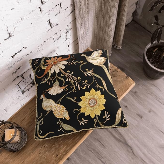 Flowers Birds Velvet Pillow Covers 20x20 Inch Vintage Floral Black Throw Pillows for Couch Farmhouse Cushion Covers Pillowcase Retro Rustic Pillow Cases for Sofa Bed Living Room Outdoor