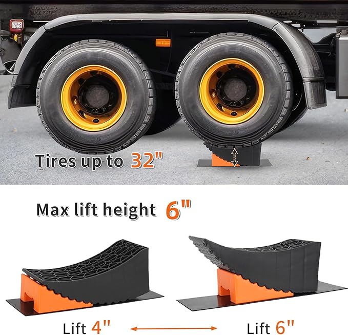 OULEME Raised Tire Change Ramp, Curved Leveling Blocks, for RV Camper Trailer Tire Lifts up to 6" with Wheel Chock, Rubber Pad, Dual Axle Tandem Wheel Aid (1 Pack)
