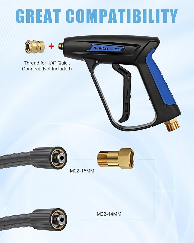 Pressure Washer Gun 3000PSI with 0°-160° Adjustable Spray Nozzle, Short Pressure Washer Gun with M22-14/15mm Fittings for Car Washing, House and Patio Cleaning