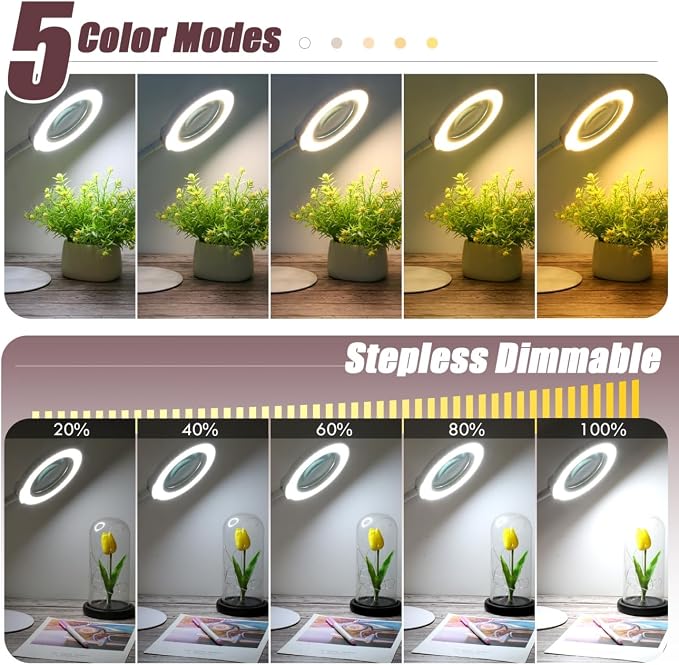 10X Magnifying Glass with Light and Stand, 5 Color Modes Stepless Dimmable LED Lighted Desk Lamp, Hands Free Flexible Gooseneck Magnifier with Light for Craft Hobby Painting Close Work - White