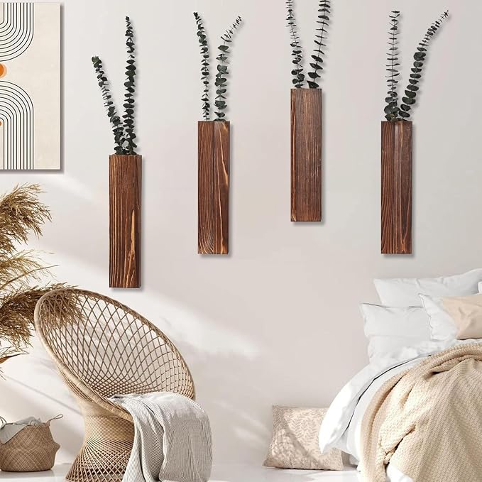 Wooden Wall Planter Set of 4 - Modern Home Decor for Living Room, Bedroom, Bathroom - Walnut Finish Planter for Dried Flowers, Faux Greenery, Indoor Plants