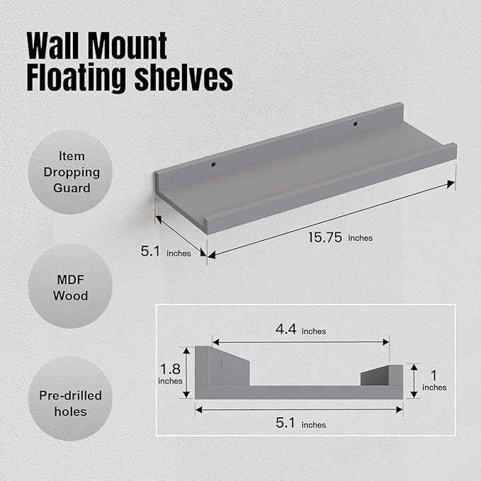 RICHER HOUSE 8 Set Floating Wall Mounted Shelves, Nursery Hanging Book Shelves with Lip for Storage, Gray Display Picture Ledge Shelf for Bedroom Bathroom Kitchen Living Room Wall Decor, Modern Grey | Display Picture Ledge Shelf, Anti-drop lip Shelf fo...