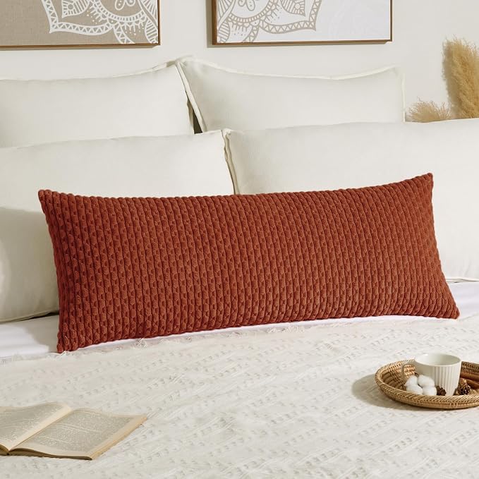 Kevin Textile Soft Corduroy 20"x54" Body Pillow Cover 1 Pack, Rust | Fall Boho Stripe Plush Corduroy Decorative Oblong Cushion Cover Modern Farmhouse Home Decor for Sofa Couch Bed Chair