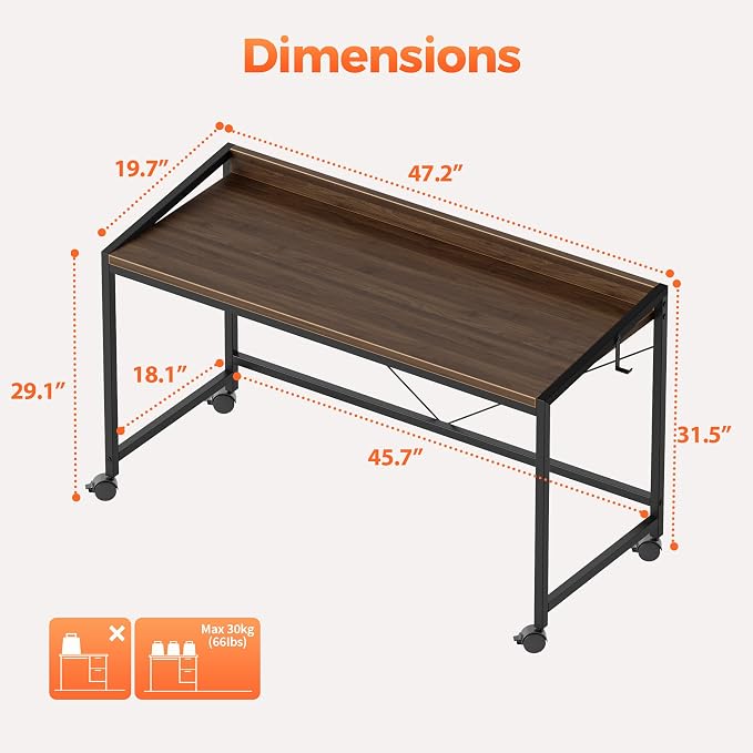 Mericonia 47x20 Inch Small Computer Desk with Wheels & Rear Lip | Simple Rolling Desk, Writing Table for Home Office Bedroom Work Study, Walnut