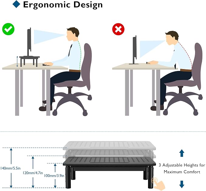BONTEC 1 Pack Adjustable Monitor Stand Riser with Drawer, Supports 44lbs | Ergonomic Mesh Platform for Desk, Ventilated Laptop and PC Use with Cable Management for a Cooler, Organized Workspace