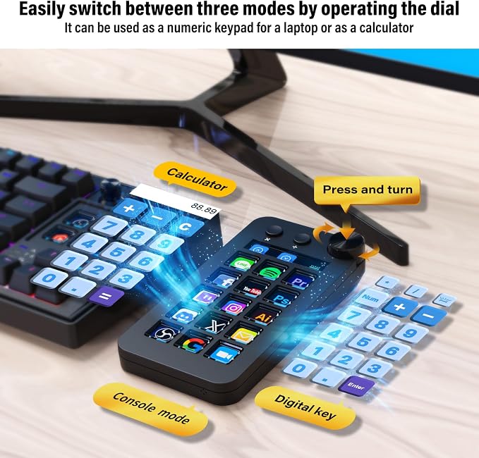 Streaming Deck,Macro pad/Calculator/Numeric Keypad Three Modes | 15 Customizable Macro Keys and LCD Bar,Large Dial,Work Efficiency Device,Compatible with Windows and Mac(N1 Black)