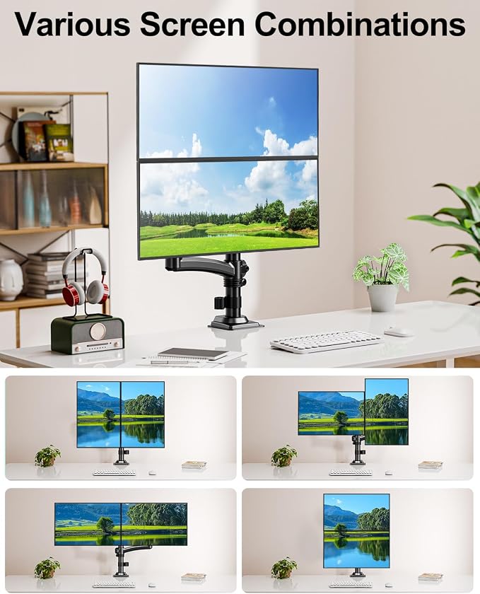 Dual Monitor Stand for Computer Screen up to 32", Holds 22 lbs Each | Taller Monitor Arms Desk Mount, Height Adjustable Gas Spring VESA Mount with C-clamp Grommet Mounting, Black, Freelift