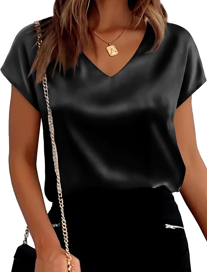 WIHOLL Womens Satin Summer Tops Cap Short Sleeve Blouses V Neck Shirts Business Casual Outfits Fashion Clothing 2026