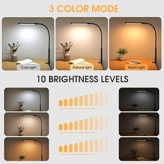 Voncerus LED Desk Lamp with Clamp, Clip on Lights for Home Office, Black | 3 Modes 10 Brightness, Long Flexible Goose-Neck, Eye-Caring, Memory Function, Energy Efficient, USB Adapter, Metal