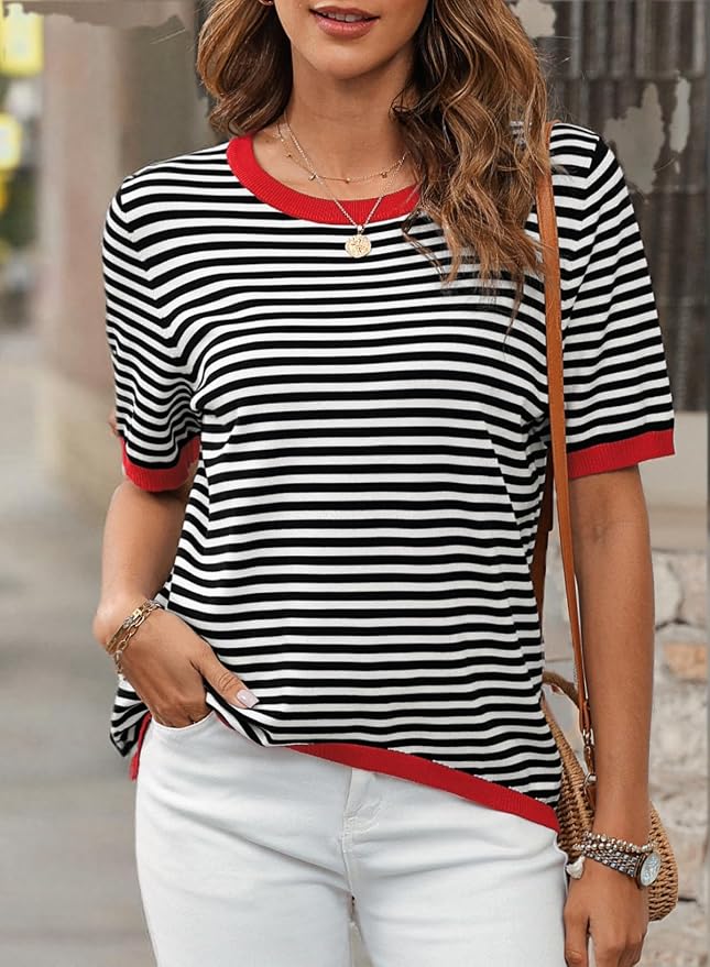 Dokotoo Womens Tops 2026 Casual Summer Crewneck Short Sleeve Striped Color Block Knit High Low Trendy Pullover Sweaters