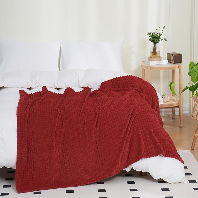 Puncuntex Fleece Throw Blanket Red 108"×90" with Square Grid Design | Super Soft Plush Cozy Flannel Throw Blanket Luxury for Couch Sofa Chair