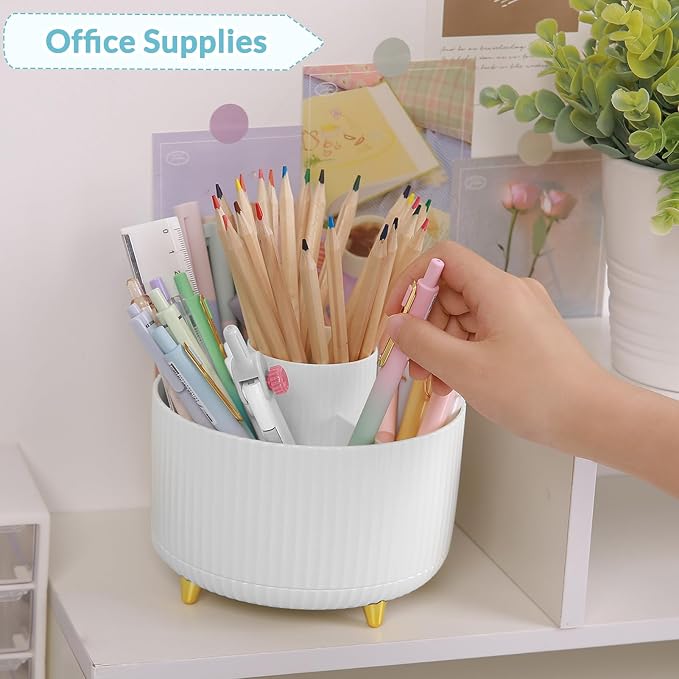 SKYDUE 360 Rotating Organizer - Dual-Purpose Pen & Pencil Holder with 5 Slots, Suitable for Office, School, or Home (White)