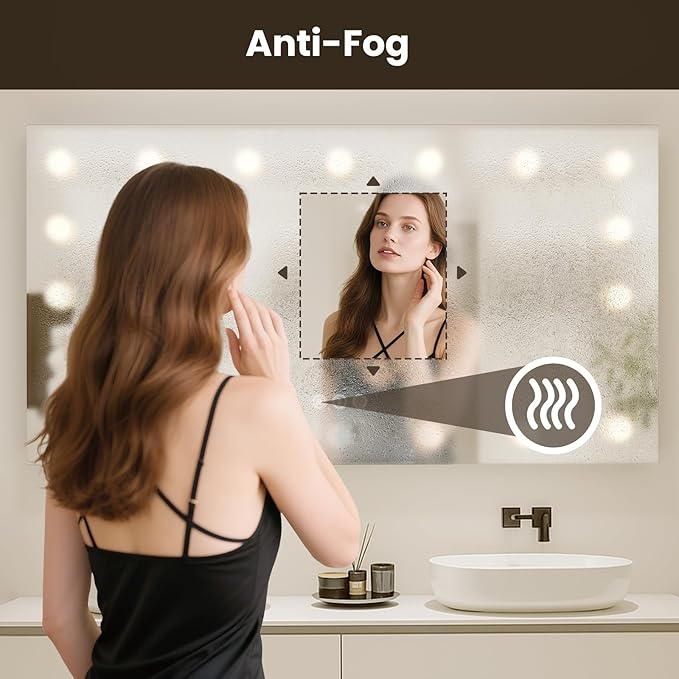 WTTY LED Bathroom Mirror with Lights 60"x28" Hollywood Wall-Mounted Mirror with 3 Color Temperatures, Stepless Dimmable Bulbs, Anti-Fog & Shatter-Proof
