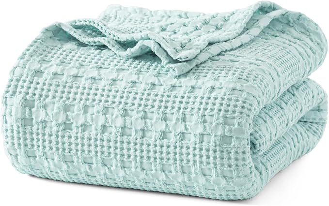 PHF 100% Cotton Waffle Weave Blanket Queen Size, Lightweight Breathable Summer Blanket for Hot Sleepers, Pre-Washed Soft Layer for Bed, Couch, Aesthetic Home Decor & Gift, 90"x90", Mint