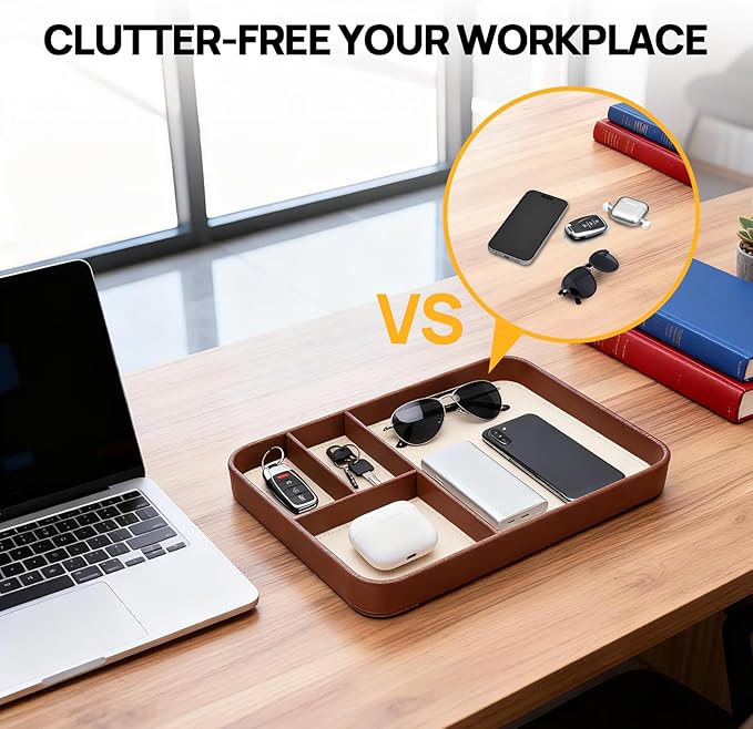 Leather Valet Tray, Stylish and Organized Multifunctional Tray, Nightstand & Desk Organizer, EDC Catchall for Keys Watch Jewelry Bedside Table Organizer