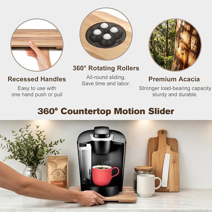 360°Rolling Tray Acacia Wood Kitchen Appliance Slider for Coffee Maker Pot | Countertops Sliding Tray Mat for Kitchen Appliances Easily Move Under The Cabinet Acacia 11.6"×13.9"
