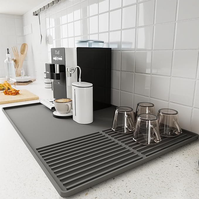 Silicone Coffee Mat with Raised Edges, 20'' X 12'', Bar Mat for Countertops, Fits Under Coffee Maker, Espresso Machine, Dish Drying Mat (GRAY)