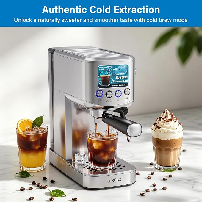 XIXUBX Cold Brew Espresso Maker with Milk Frother for Cappuccino & Latte | 20-Bar Pump, Built-in Pressure Gauge, Powerful Steam Wand, Milk Frothing Pitcher, 42 oz Removable Water Tank, Stainless Steel