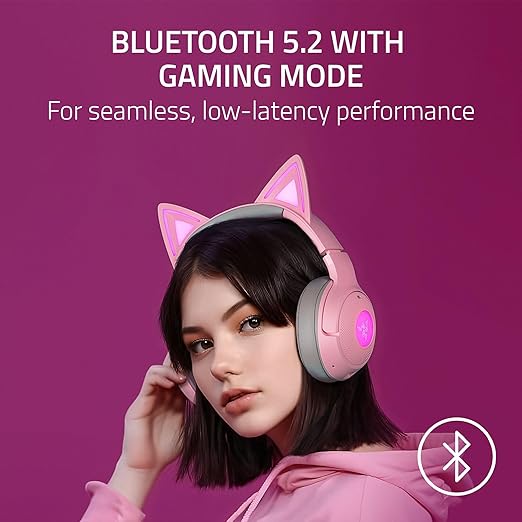 Razer Kraken Kitty V2 BT Wireless RGB Headset, Pink | Chroma RGB Kitty Ears & Earcups, Bluetooth 5.2, 40 mm Drivers, Noise-cancelling Mics, Lightweight, USB-C, 40 Hr Battery