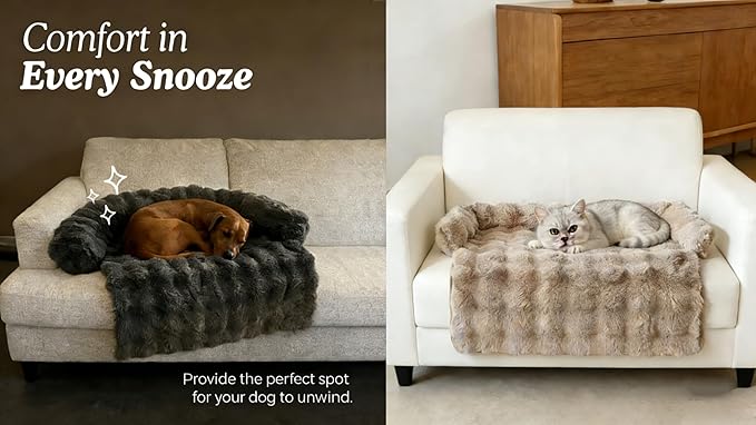 Dream Cloud Pet Sofa Bed, Washable Non-Slip Fluffy Plush Dog Mat for Furniture Protector Mat for Sofa Car & Floor for Small Medium Dogs & Cats (Khaki)