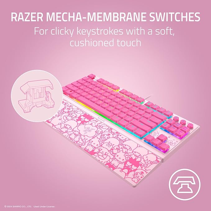 Razer Ornata V3 TKL Gaming Keyboard, Hello Kitty & Friends Edition | Low-Profile Keys, Mecha-Membrane Switches, UV-Coated Keycaps, Backlit Media Keys, 8-Zone RGB Lighting, Magnetic Wrist Wrest