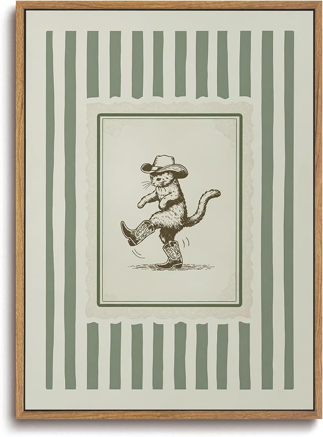 ZZLWBKGL Western Wall Decor Cowboy Cat Canvas Art Nursery Framed Wall Art | Vintage Artwork Boho Striped Paintings Funny Animal Picture for Living Room Kids Room Bedroom 16x24in