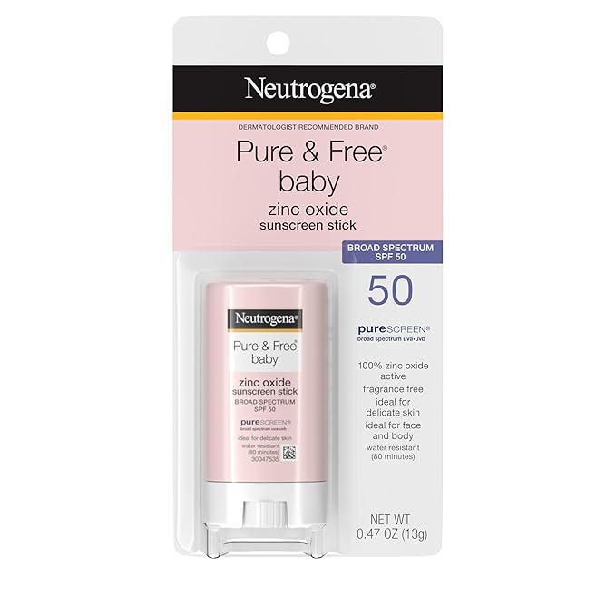 Neutrogena Pure & Free Baby Mineral Sunscreen Stick with Broad Spectrum SPF 50 & Zinc Oxide, Water-Resistant, Hypoallergenic, Paraben-, Dye- & PABA-Free Baby Face & Body Sunscreen, 0.47 oz