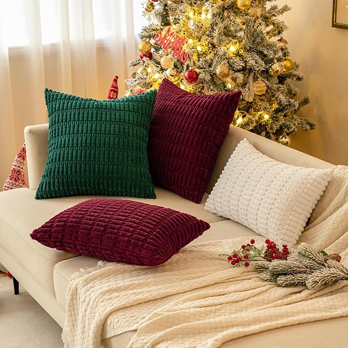 MIULEE Euro Sham Corduroy Decorative Throw Pillow Covers 22x22 Burgundy | Pack of 2 Soft Boho Striped Pillow Covers Modern Farmhouse Home Decor For Sofa Living Room Couch Bed