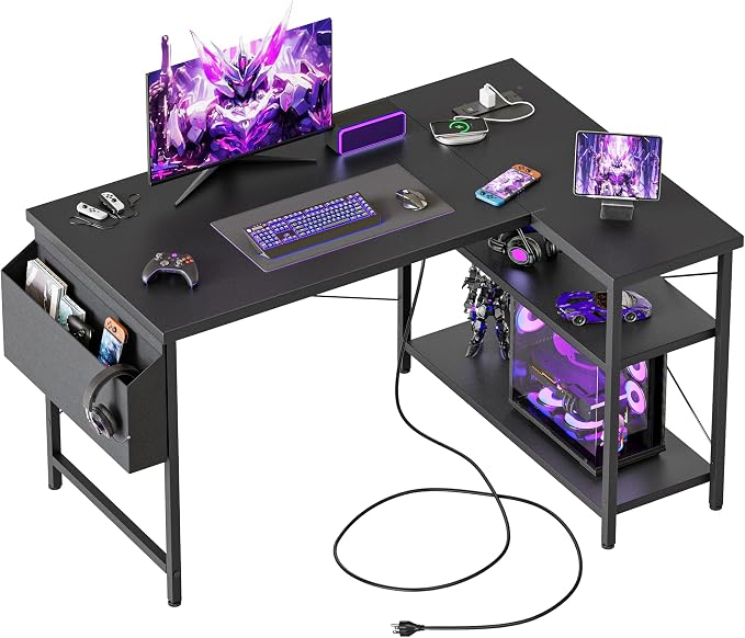 Mericonia 39 inch Corner Desk with Shelves, Small L Shaped Gaming Desk | Reversible Computer Desk with Power Outlets & Storage Bag, Office Table for Home Bedroom Study Work Writing