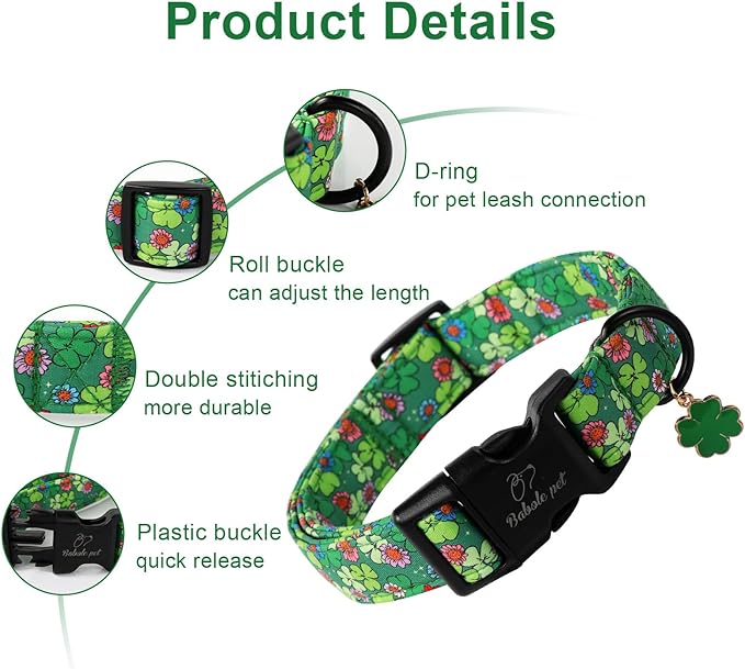St Patricks Day Dog Collar for Giant Large Dogs - Lucky Flower Shamrock Green Dog Collars, Cute Irish Clover Puppy Collar with Quick Release Buckle for Girls&Boys Dogs XL