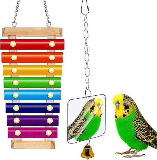 Bird Xylophone with Mirror & Bell Accessories - Musical Training Toy for Conure, Budgie, Cockatiel, Cockatoo, Parakeet, Finch (Bird Xylophone with Mirror)