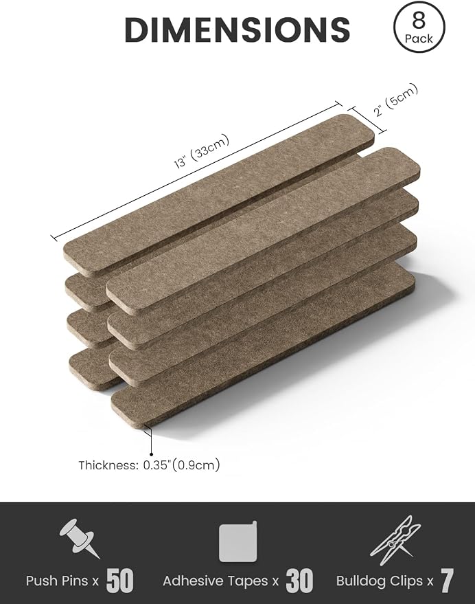 Fluxynara 13" x 2" Felt Wall Panels, Earth Brown | 8-Pack Includes 50 Push Pins and Adhesive Tabs for Photos, Notes and Decor in Bedroom Doors, Home Office or Studios