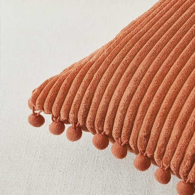 Fancy Homi Pack of 2 Rust Fall Decorative Throw Pillow Covers 20x20 Inch with Pom-poms for Living Room Couch Bedroom, Soft Corduroy Terracotta Solid Square Cushion Case 50x50 cm, Boho Home Decor