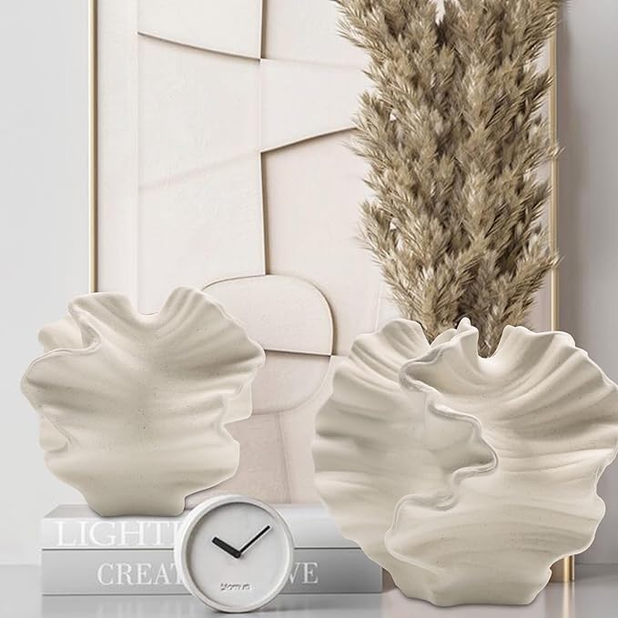 Ceramic Vase - Set of 2 for Home Decor,White Flower Shape Pampas Vases Minimalist Nordic Boho Style for Modern Farmhouse Decor, Living Room、 Kitchen、Mantle、Bedroom、Dining Table、Office