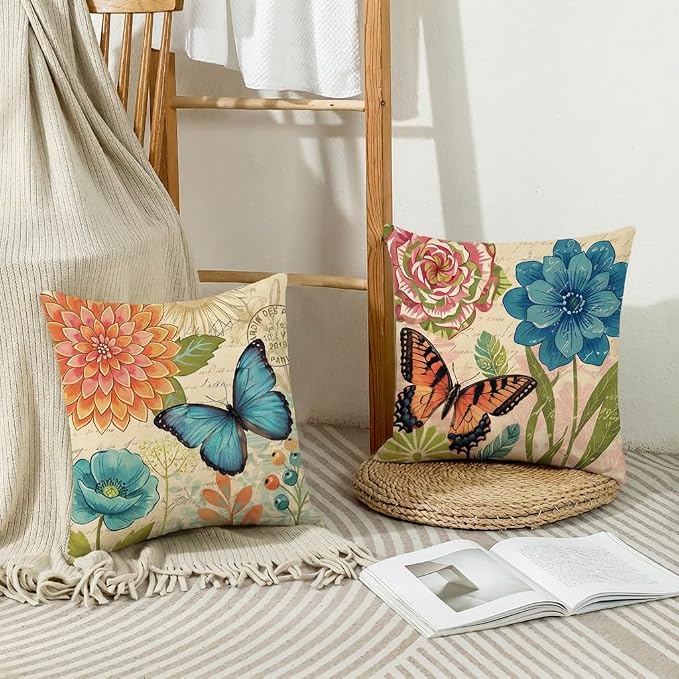 wyooxoo Spring Summer Pillow Covers 18x18 Set of 4 Farmhouse Throw Pillow Covers Linen Flower Butterfly Decorative Pillowcases for Sofa Couch Living Room Outdoor