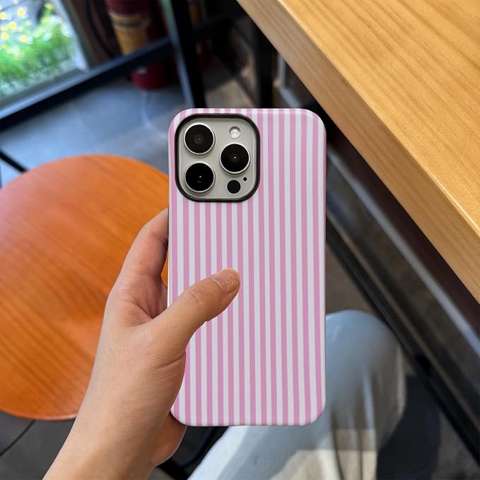 for iPhone 15 Pro Max Case Striped Cute Aesthetics Phone Case Trendy Protective Shockproof Cover for iPhone 15 Pro Max Pink White