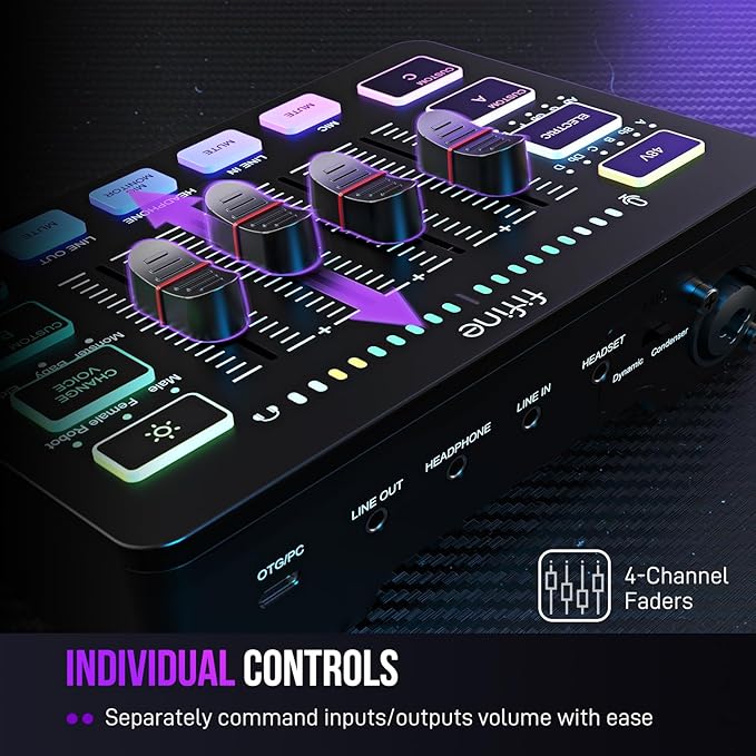 FIFINE Gaming Audio Mixer, Streaming RGB PC Mixer with XLR Microphone Interface, Individual Control, Volume Fader, Mute Button, 48V Phantom Power, for Podcast/Recording/Vocal/Game Voice-AmpliGame SC3 | USB PnP For PC,Mute Button,XLR Preamp,RGB,Voice ch...