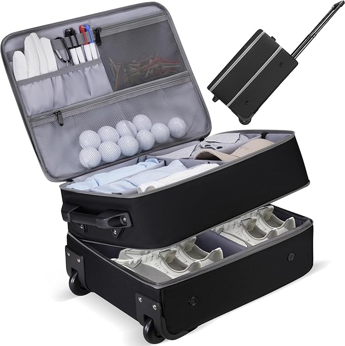Golf Trunk Organizer for Car with Wheels, 2 Layer Golf Organizer Bag with Multi-Pocket, Golf Supply Storage Bag with Separate Shoe Compartment for Golf Supplies Balls, Tees, Clothes, Gloves