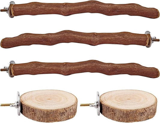 5PCS Bird Perch Stand Natural Wooden Parrot Stand Branch,3 Grape Wood Perch,2 Platform,Paw Grinding Fork Parakeet Chewing Stick Exercise Training Branches for Cockatiels,Small Birds