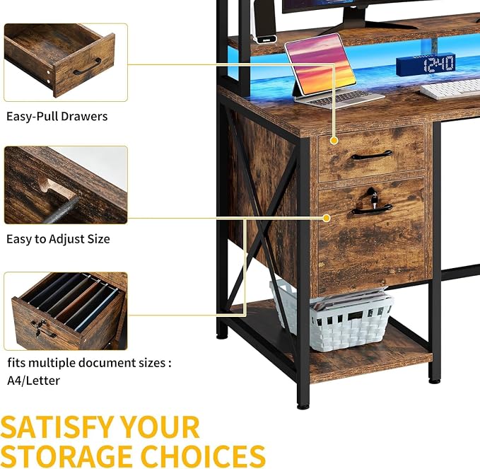 DWVO Computer Desk with Drawers & Hutch, 59.1" Office Desk with Power Outlets & LED Lights, Home Office Desk with Storage Shelves, Rustic Brown | Built-In Power Outlets, Led Lights, Hutch Shelves, Storage Drawers, for Home Office Work Study, Easy Assembly