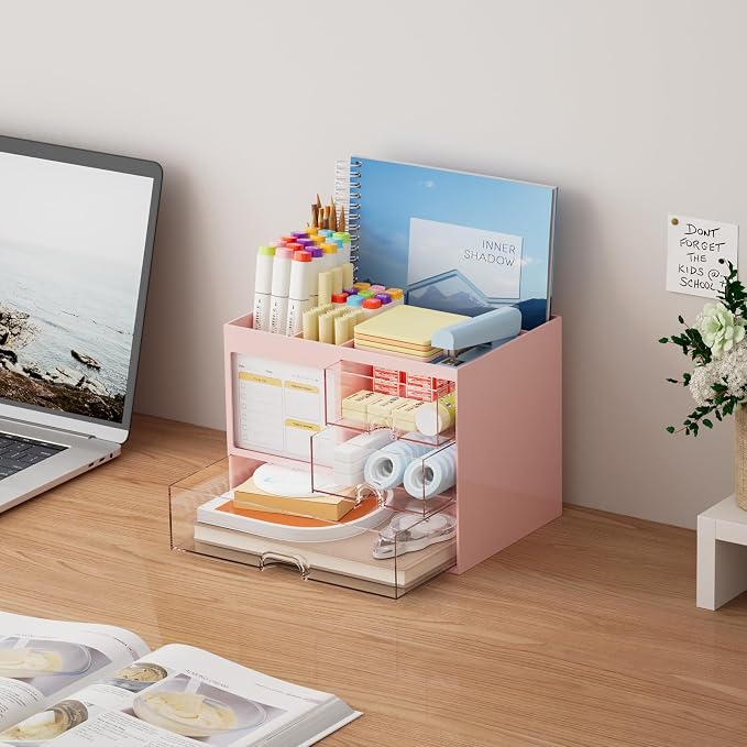 Marbrasse Desk Organizer with 3 Drawer, Multi-Functional Pencil Pen Holder for Desk, Desk Organizers and Accessories with 4 Compartments, Desktop Organizer Storage for Office Home Art Supplies (Pink)