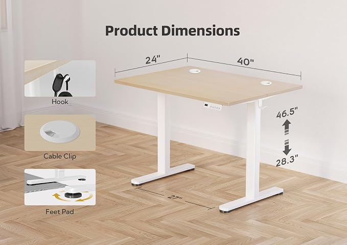 YDN 40 x 24 Inch Nature Electric Standing Desk | Adjustable Height, Sit Stand, Cable Management, Ergonomic, Home Office