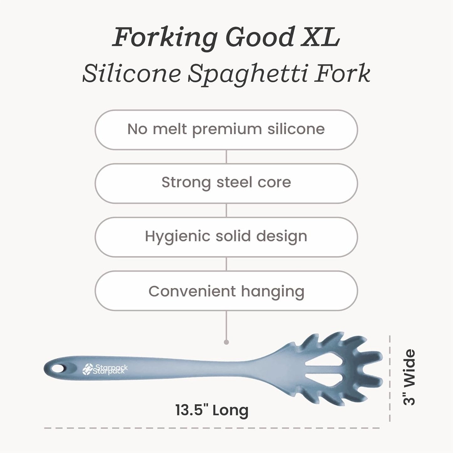 Starpack XL Premium Silicone Pasta Fork (13.5") - Spaghetti Spoons High Heat Resistant to 600°F - Silicone Pasta Spoon Strainer - Server Spoon with Teeth - Server Utensil for Pastas
