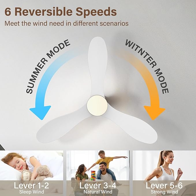 42" Wood Smart Ceiling Fans with Lights and Remote,Control with Alexa WIFI APP,White and Gold Flush Mount Ceiling Fan,Dimmable,6 speed,Quiet Motor,Outdoor Indoor Low Profile Fan for Bedroom,Patio